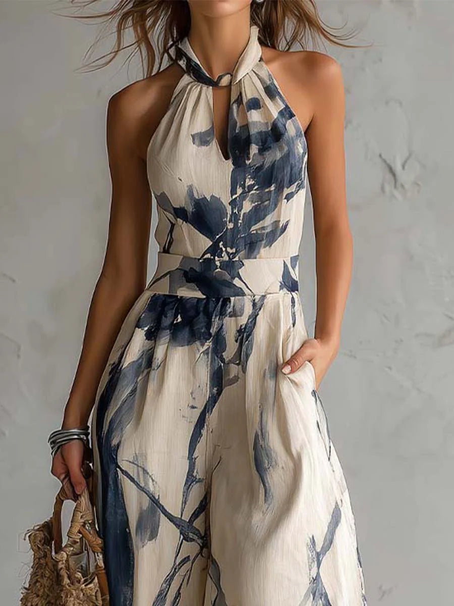 Esmé™ | Halter Neck Ink Wash Print Wide Leg Jumpsuit With Pockets