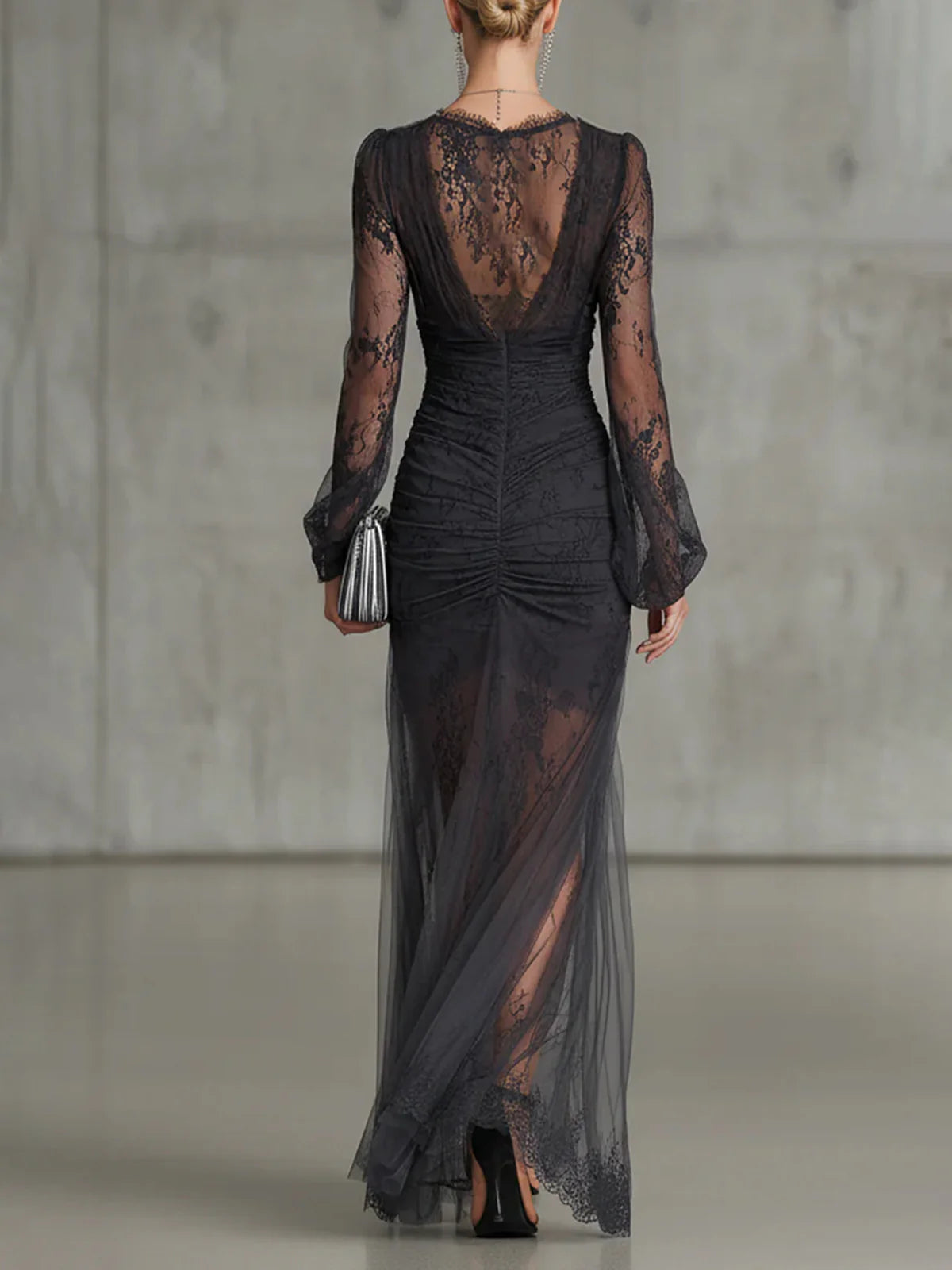 Camille™ | Ruched Sheer Long Sleeve Slit Maxi Dress