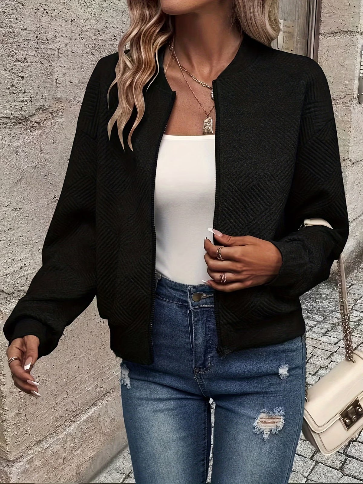 Quinlan | Black Waffle-Knit Zip Cardigan