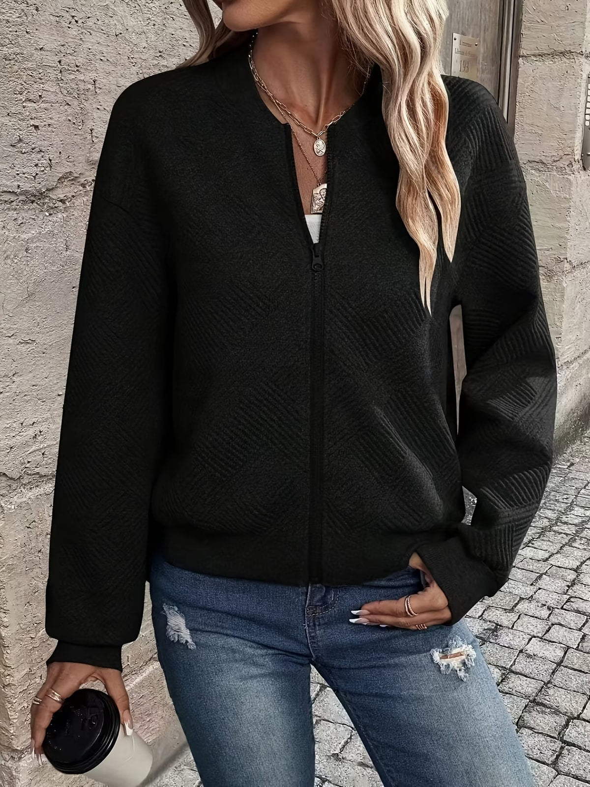 Quinlan | Black Waffle-Knit Zip Cardigan