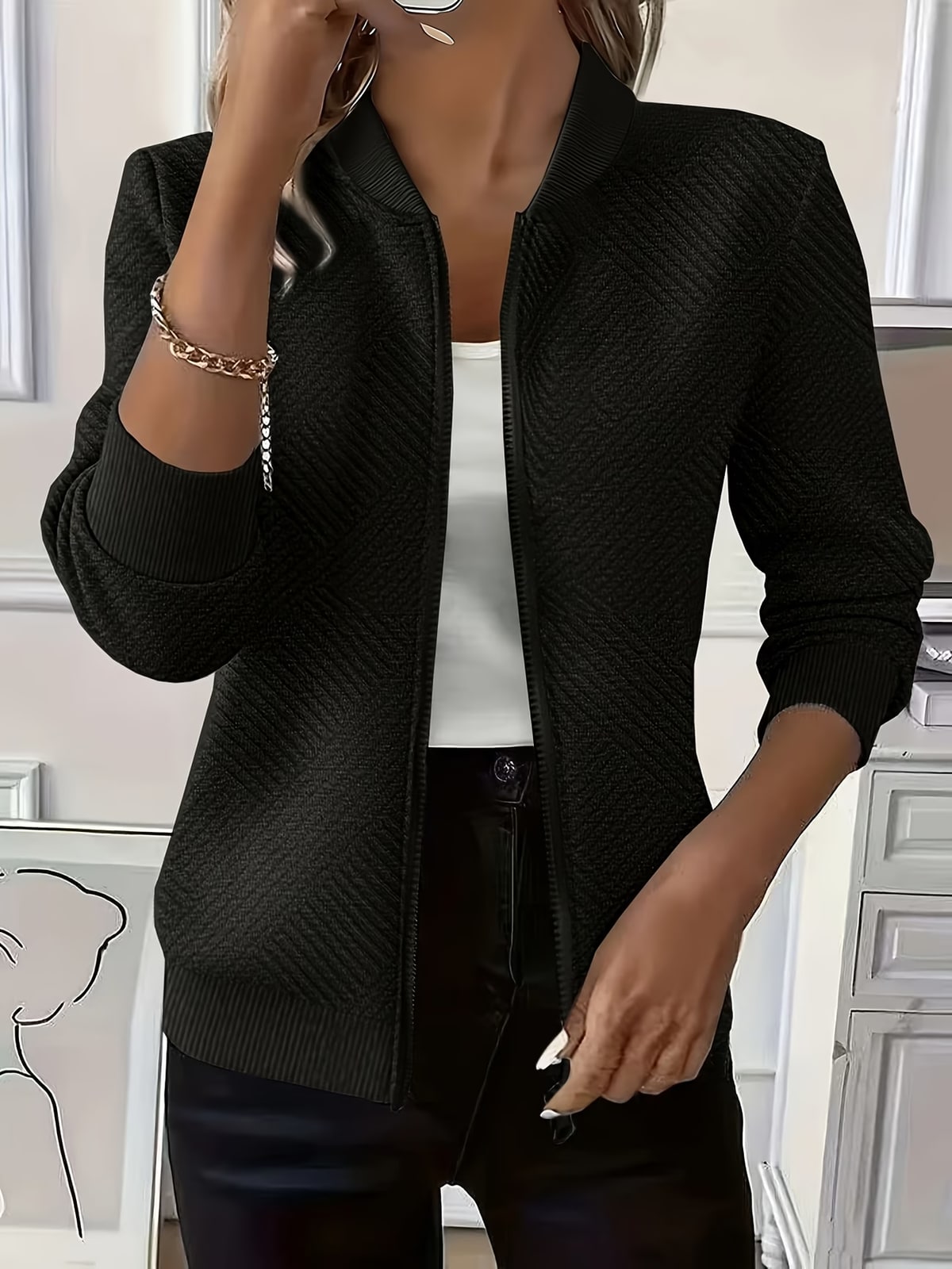 Quinlan | Black Waffle-Knit Zip Cardigan