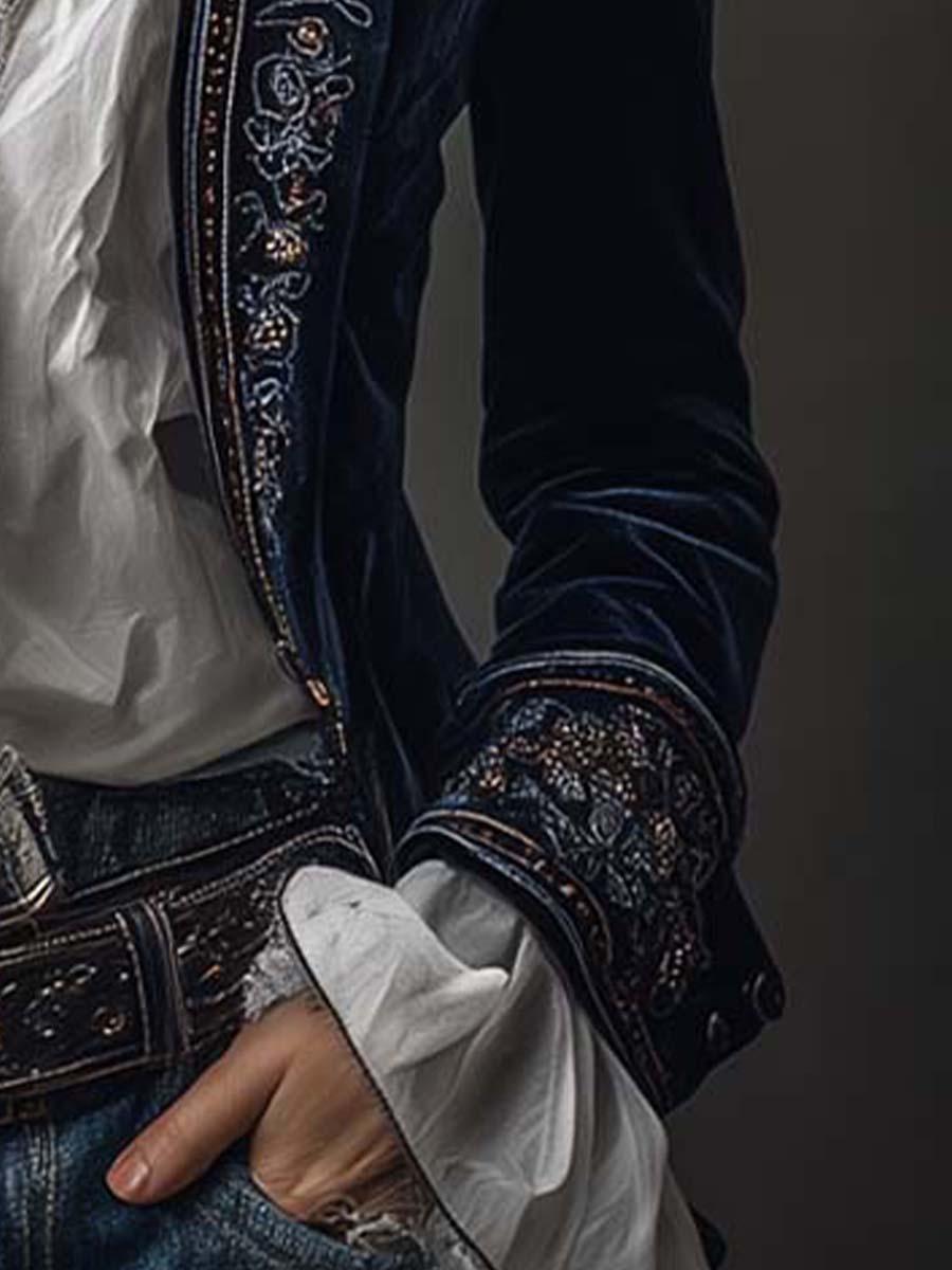 Vadrienne™ | Vintage Navy Embroidered Longline Jacket