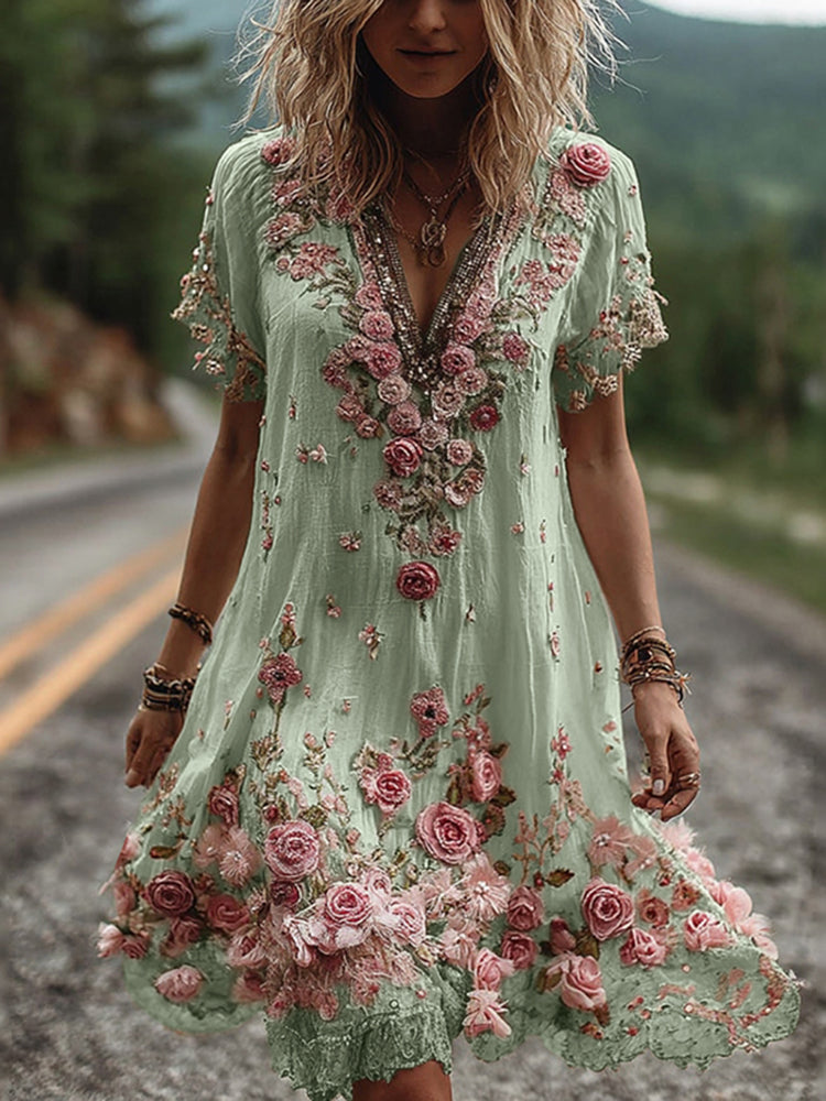 Rosamund™ | Vintage Floral Embroidered Short-Sleeve Dress