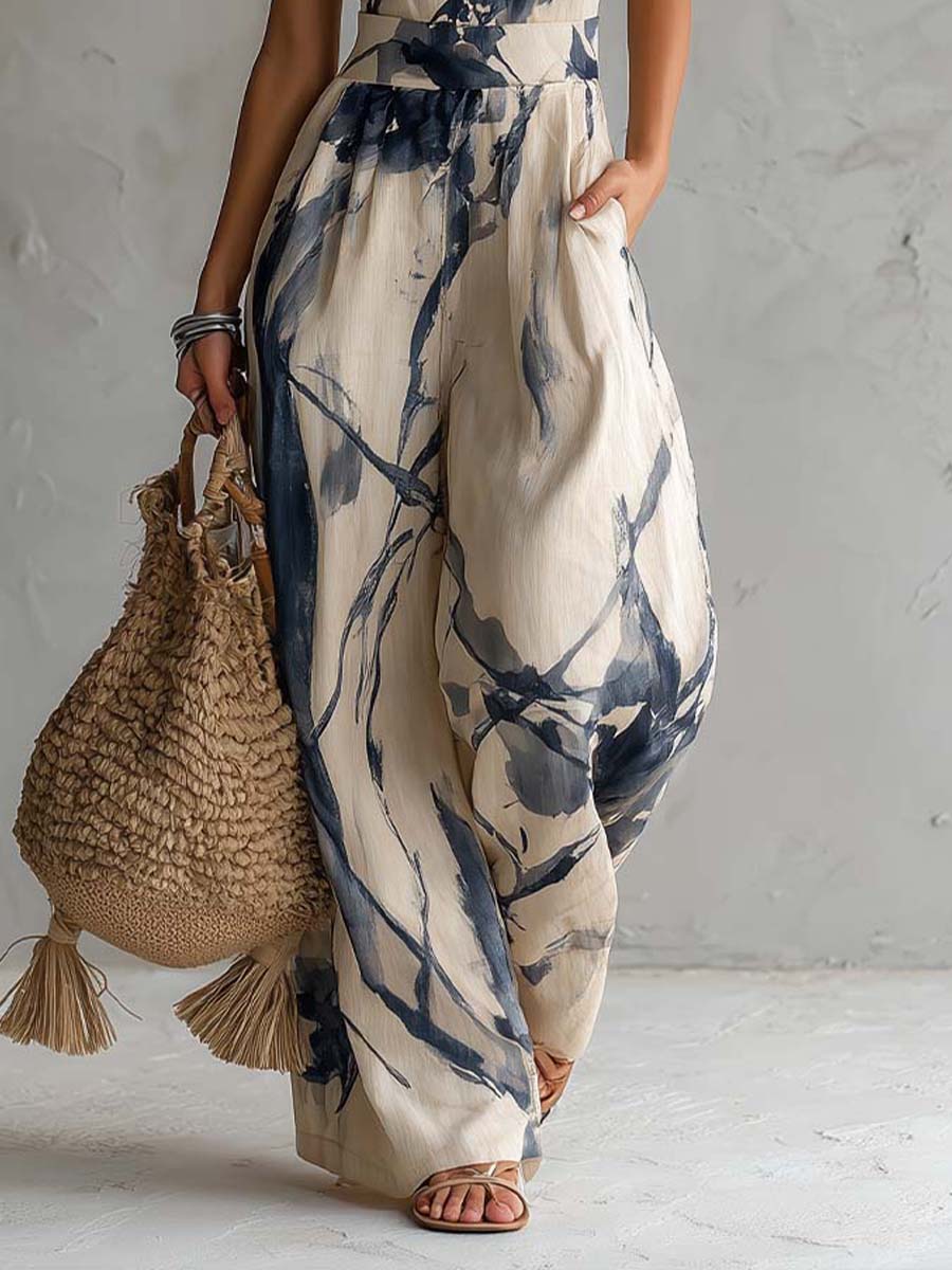 Esmé™ | Halter Neck Ink Wash Print Wide Leg Jumpsuit With Pockets