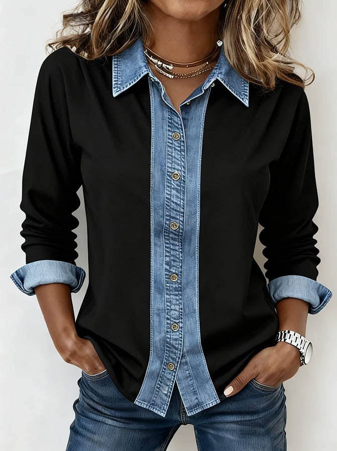 Isadora™ | Two-Tone Denim Trim Button-Up Shirt