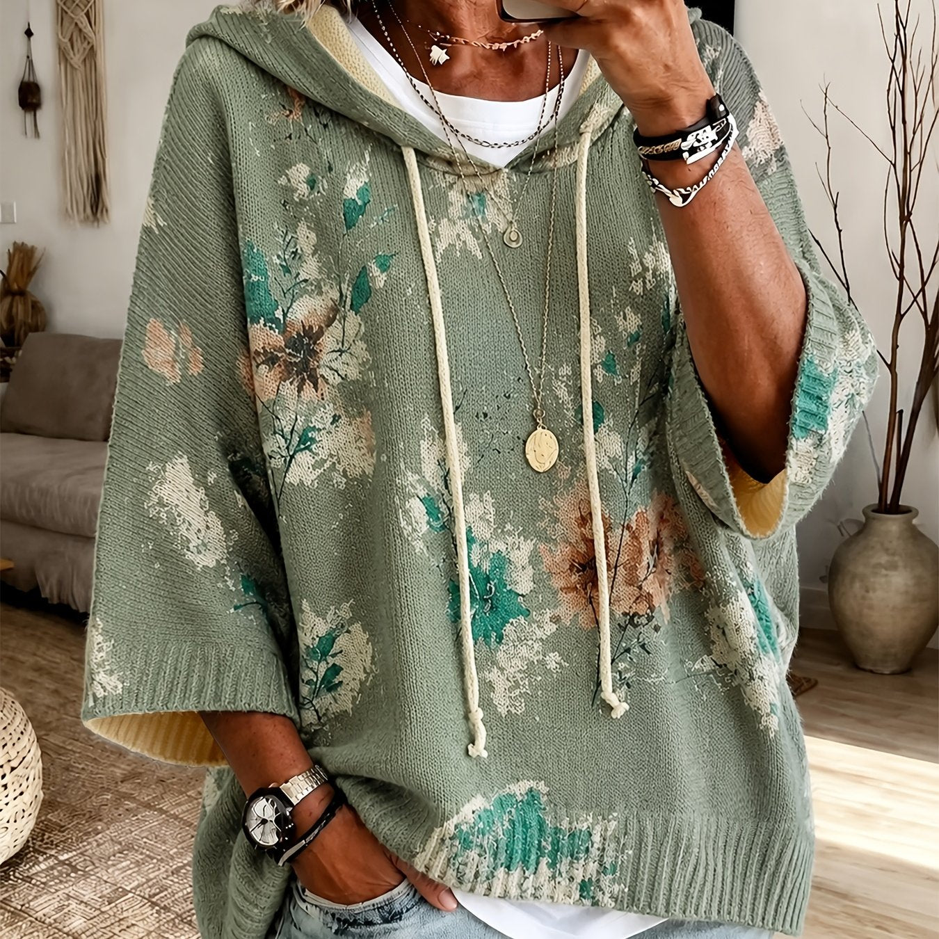 Nadia™ | Floral Hooded Cape Sweater