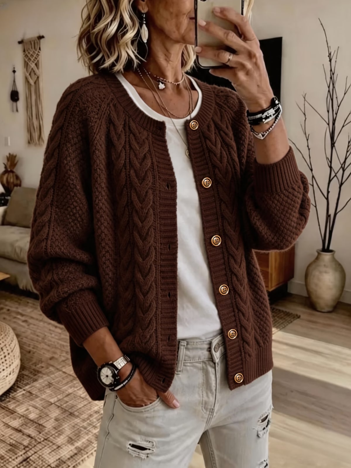 Dell | Cable-Knit Button Cardigan