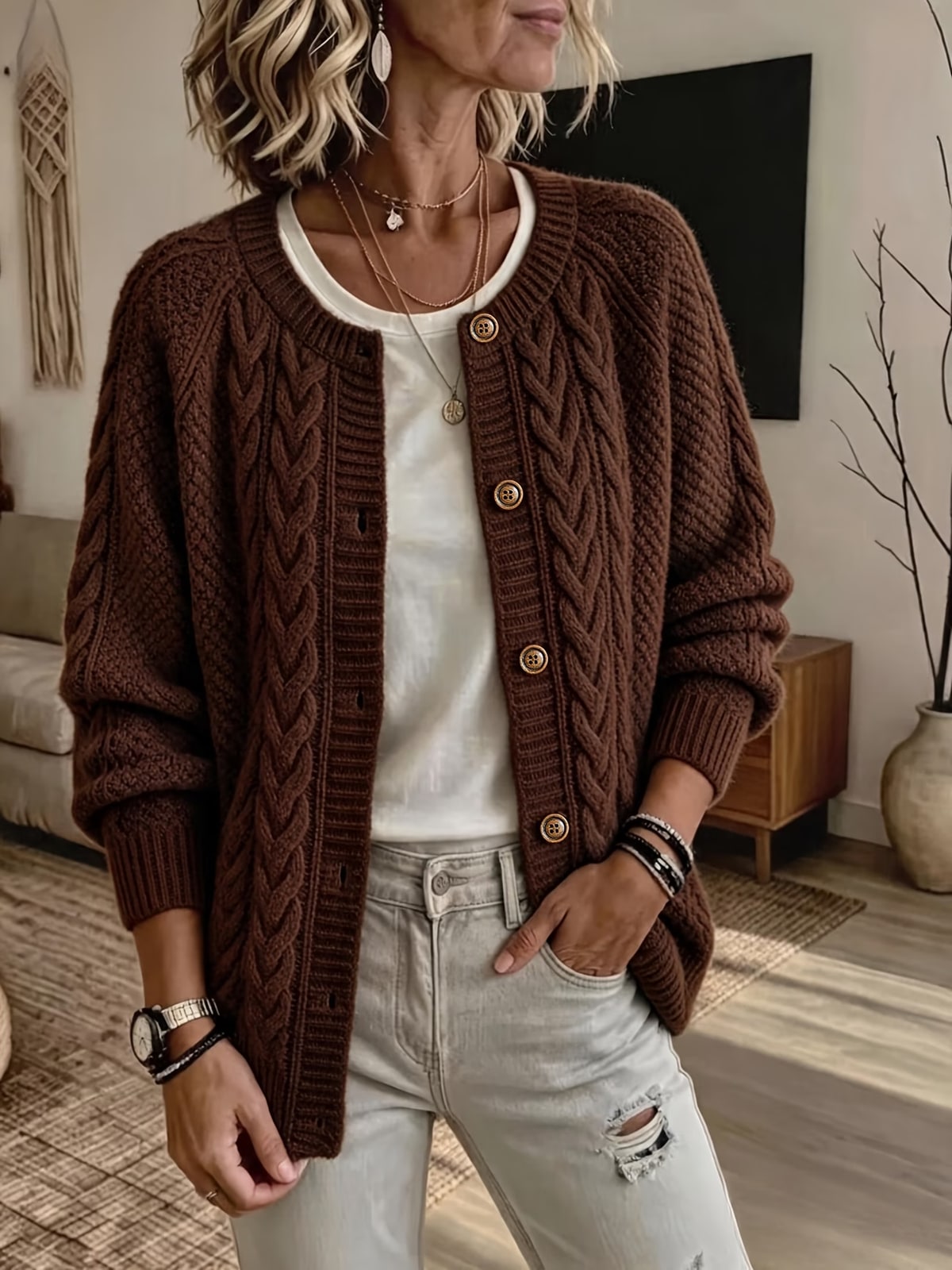 Dell | Cable-Knit Button Cardigan
