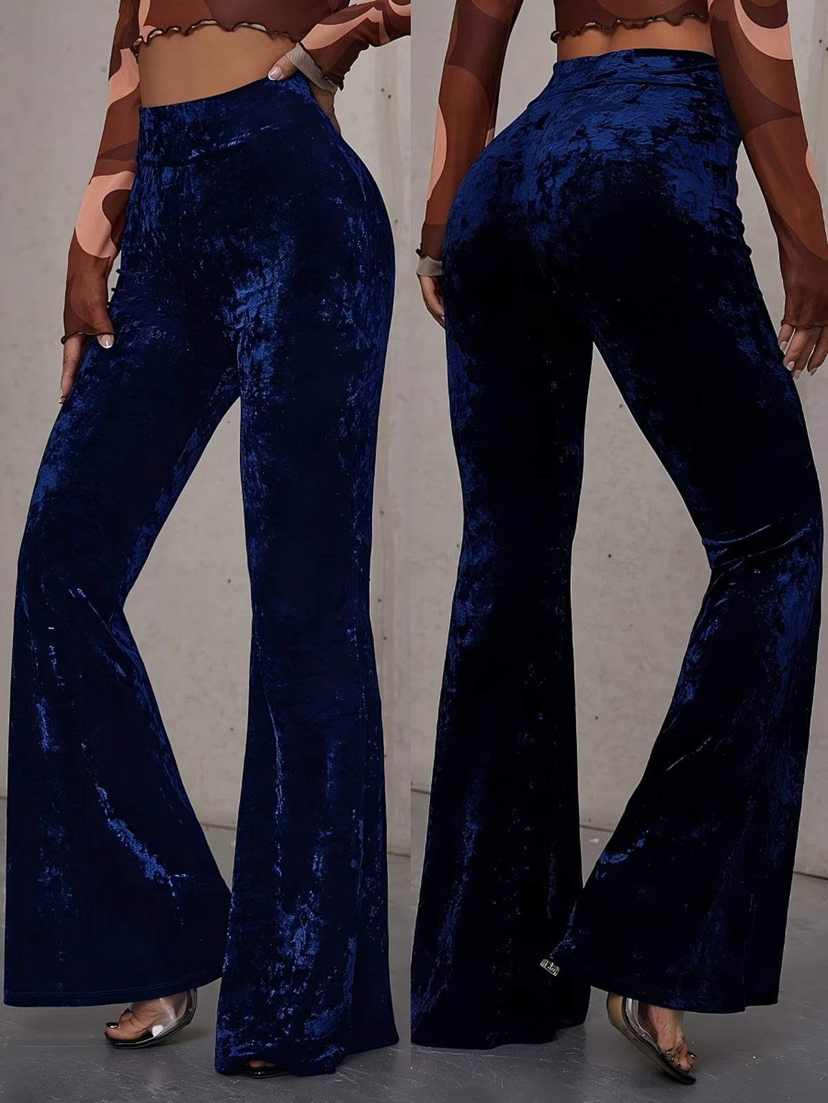 Fionnuala | Navy Crushed Velvet Flared Trousers