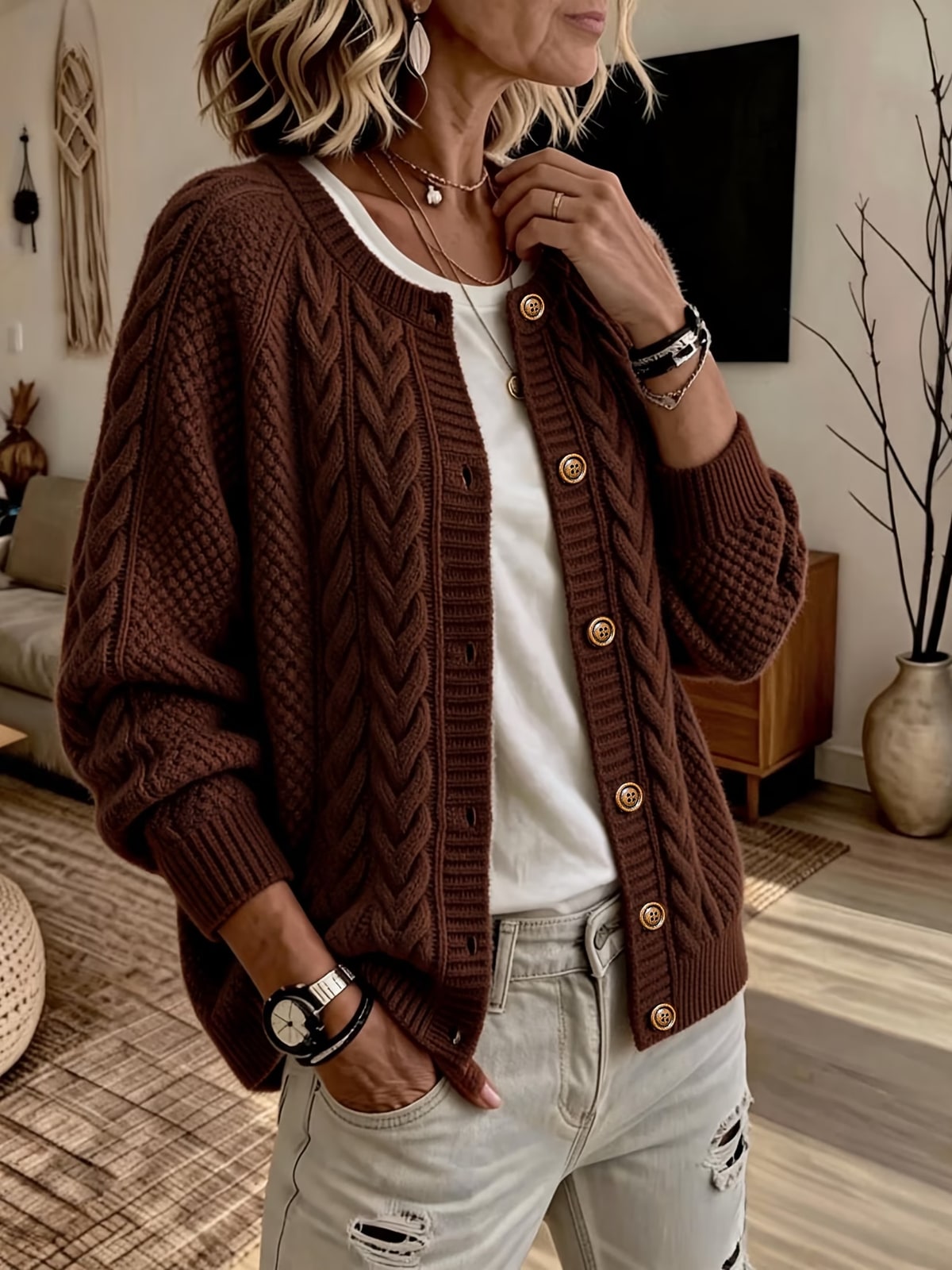 Dell | Cable-Knit Button Cardigan