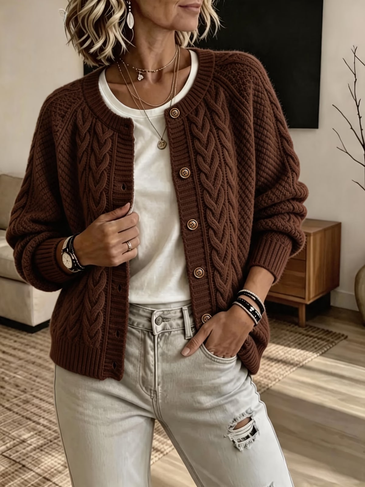 Dell | Cable-Knit Button Cardigan
