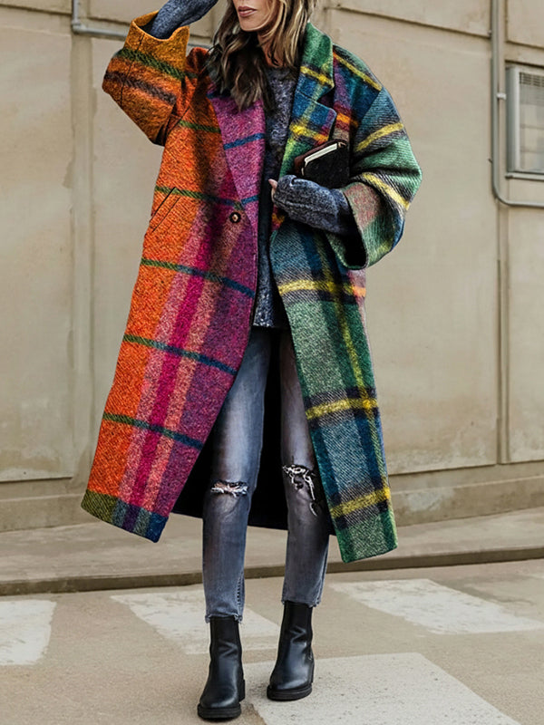 Trevaine™ | Loose Contrast Plaid Patchwork Lapel Long Coat