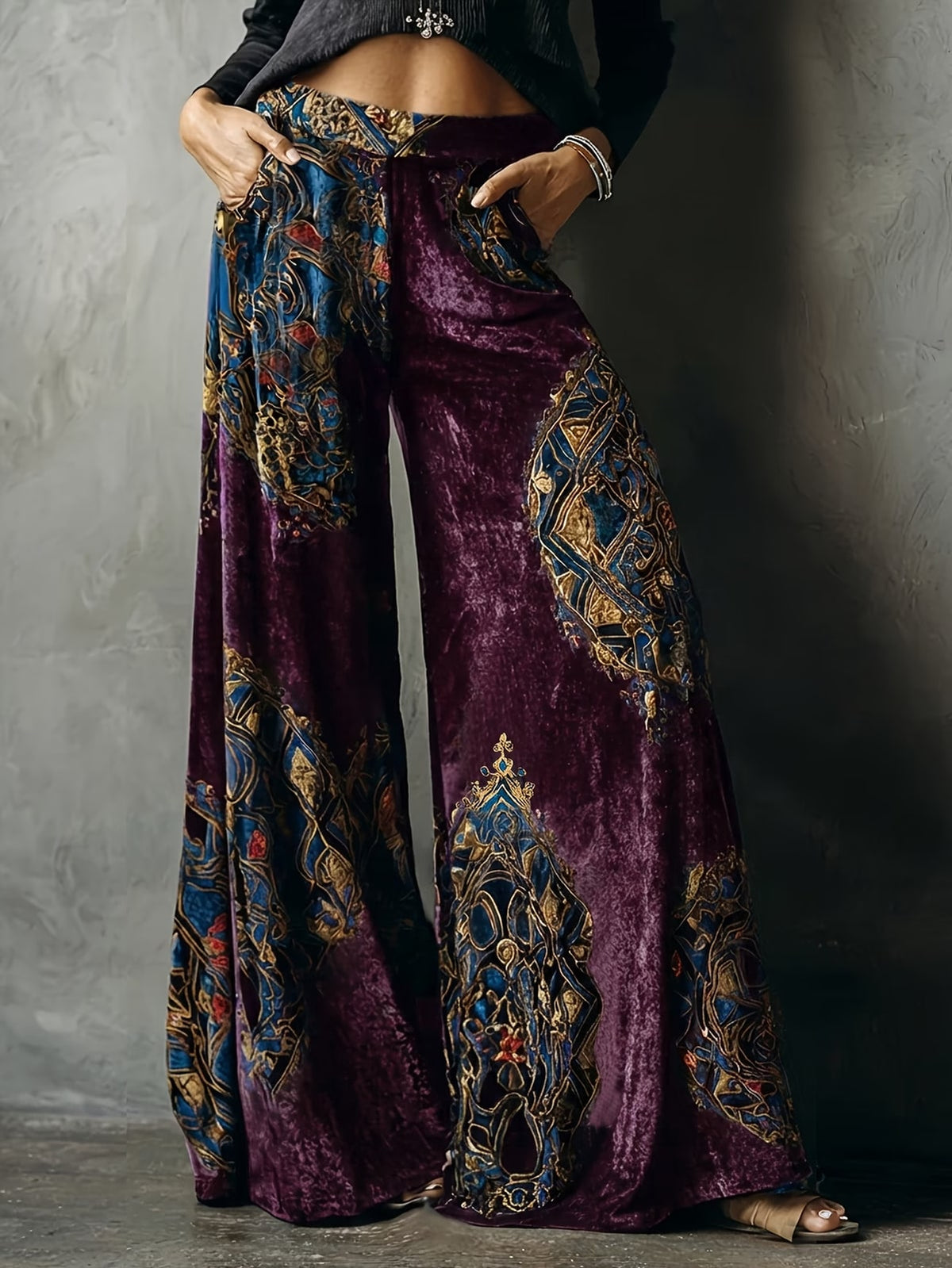Grisella | Plum Paisley Velvet Palazzo Trousers