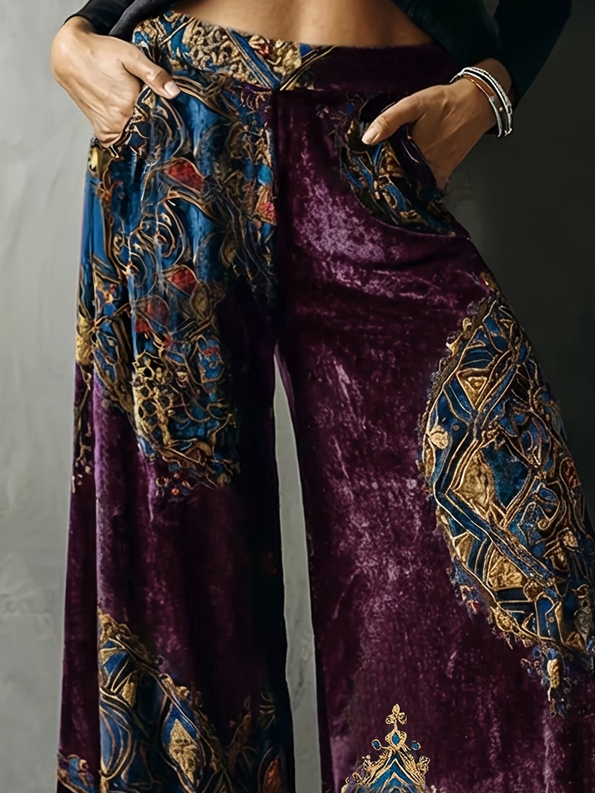 Grisella | Plum Paisley Velvet Palazzo Trousers