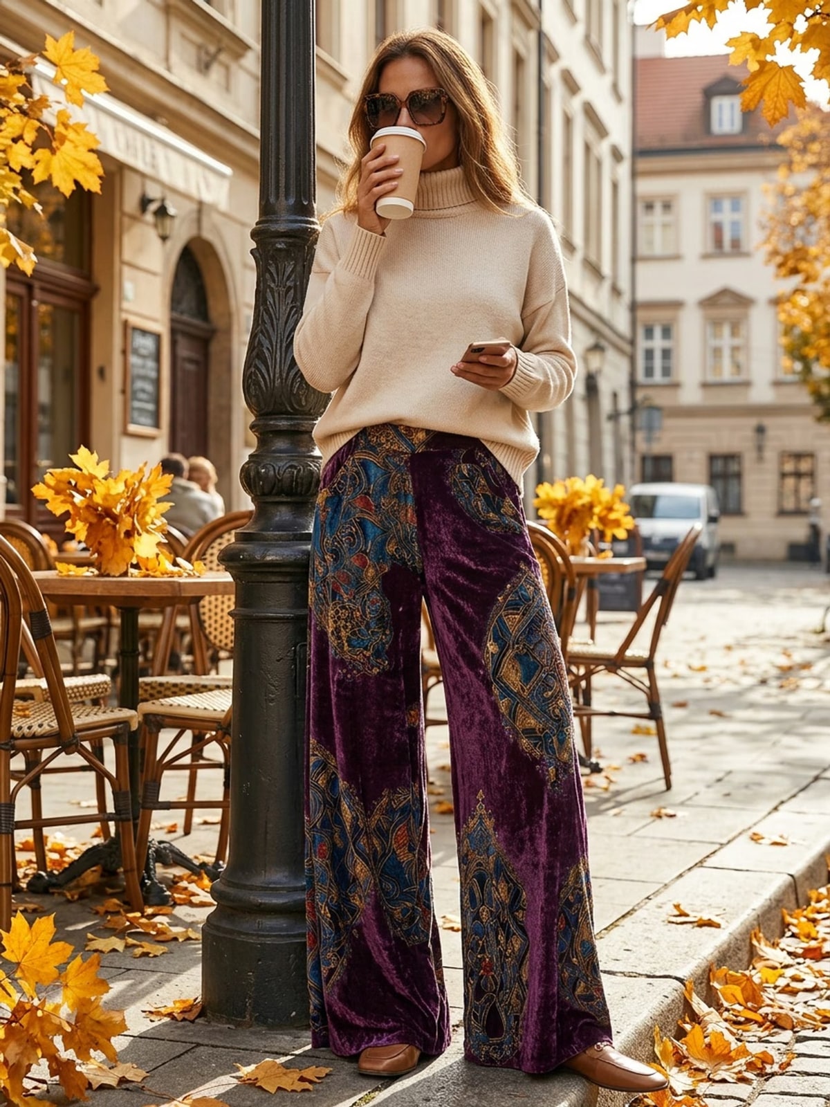 Grisella | Plum Paisley Velvet Palazzo Trousers