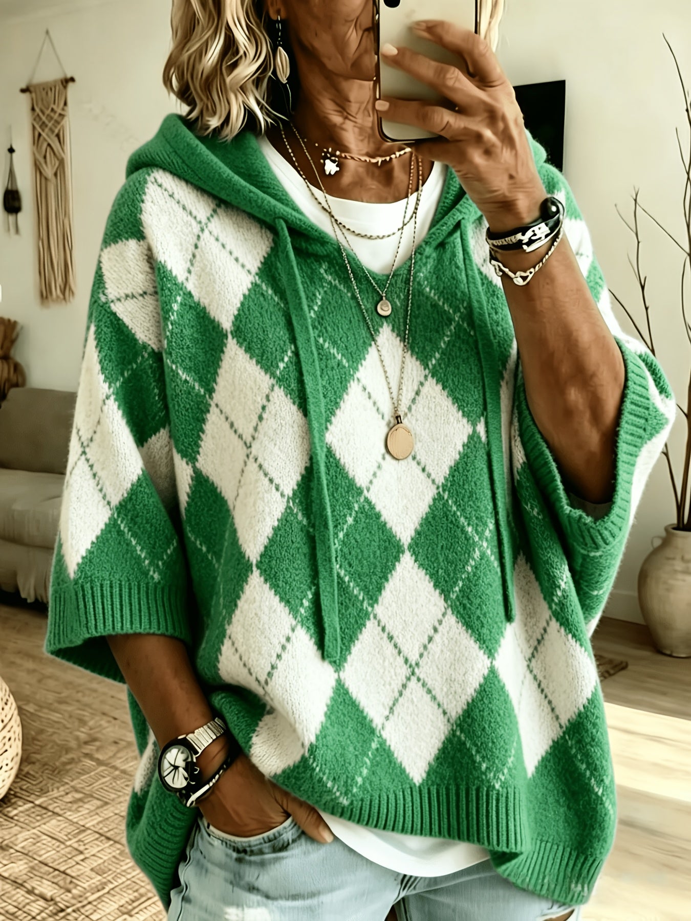 Nadia™ | Retro Diamond Hooded Sweater
