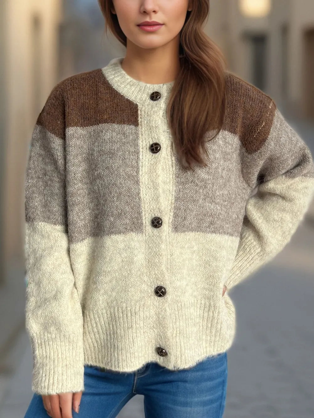 Elowyn™ | Color Block Round Neck Button-Up Cardigan