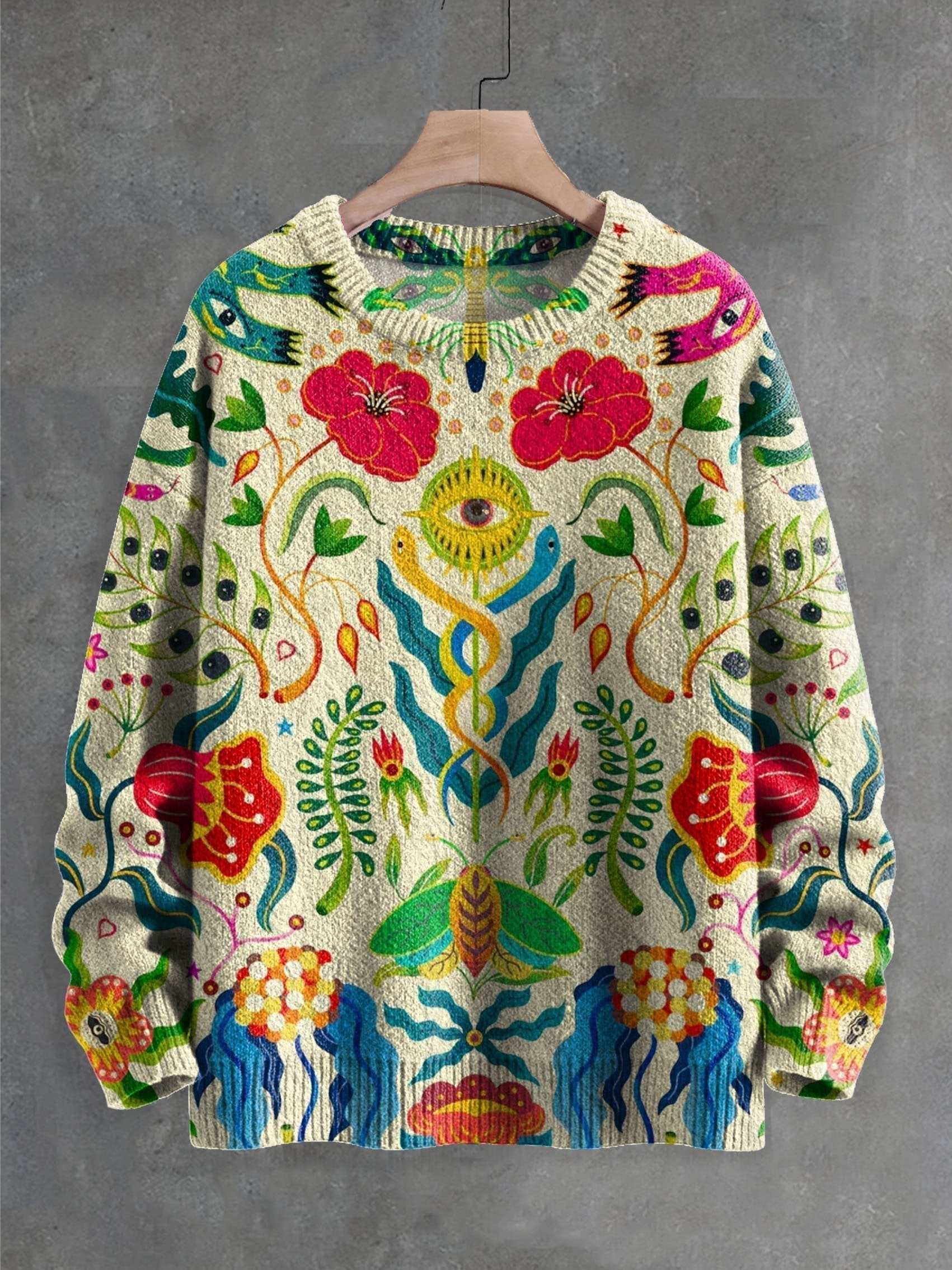 Dawnflora™ | Retro Quirky Eyes Floral Print Pullover Sweater