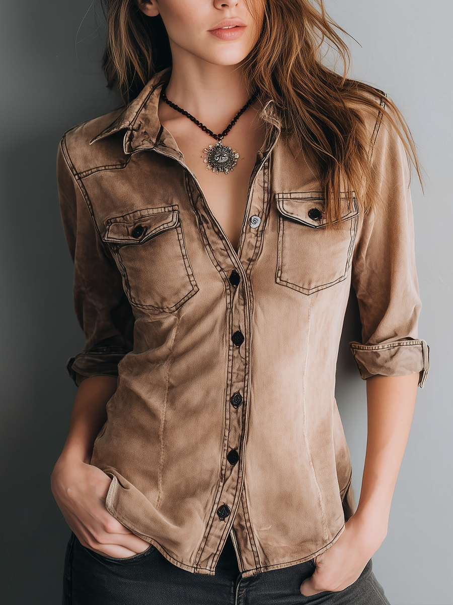 Pernette™ | Retro Washed Contrast Stitching Blouse