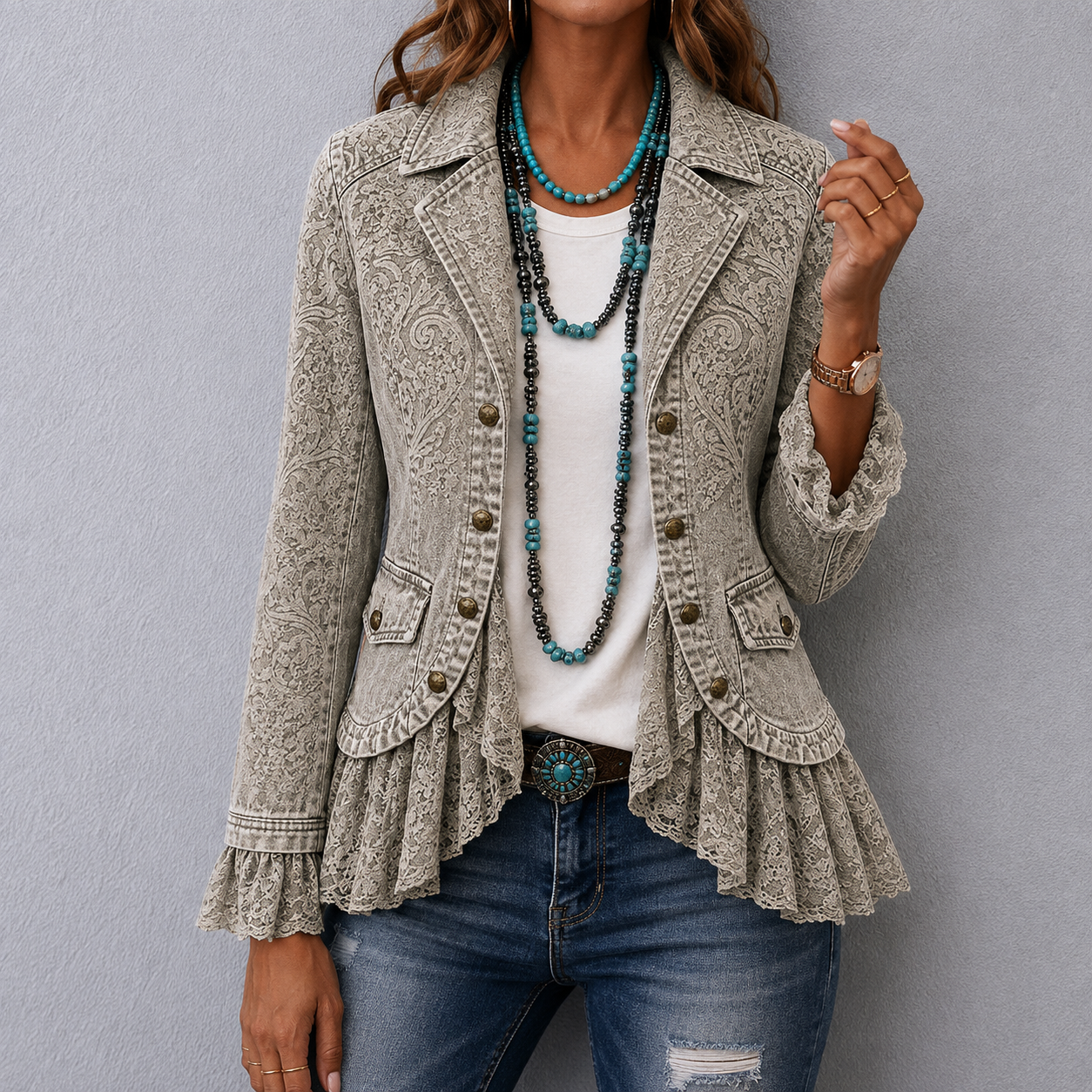 Ashvale™ | Vintage Paisley Embossed Ruffled Trim Jacket