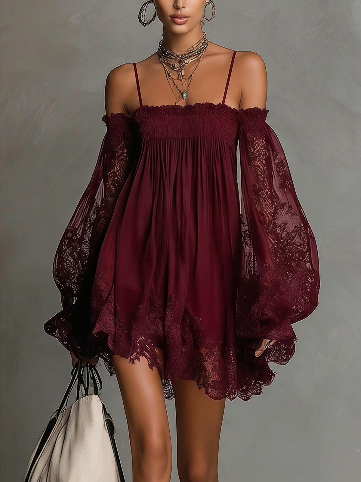 Louisa | Off-Shoulder Chiffon Dress with Lace Sleeves