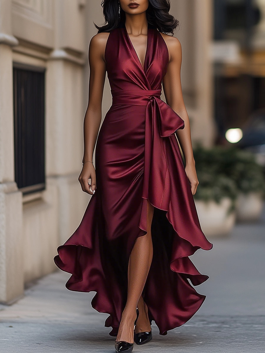 Belvara™ | Halter Neck Ruffle Evening Dress