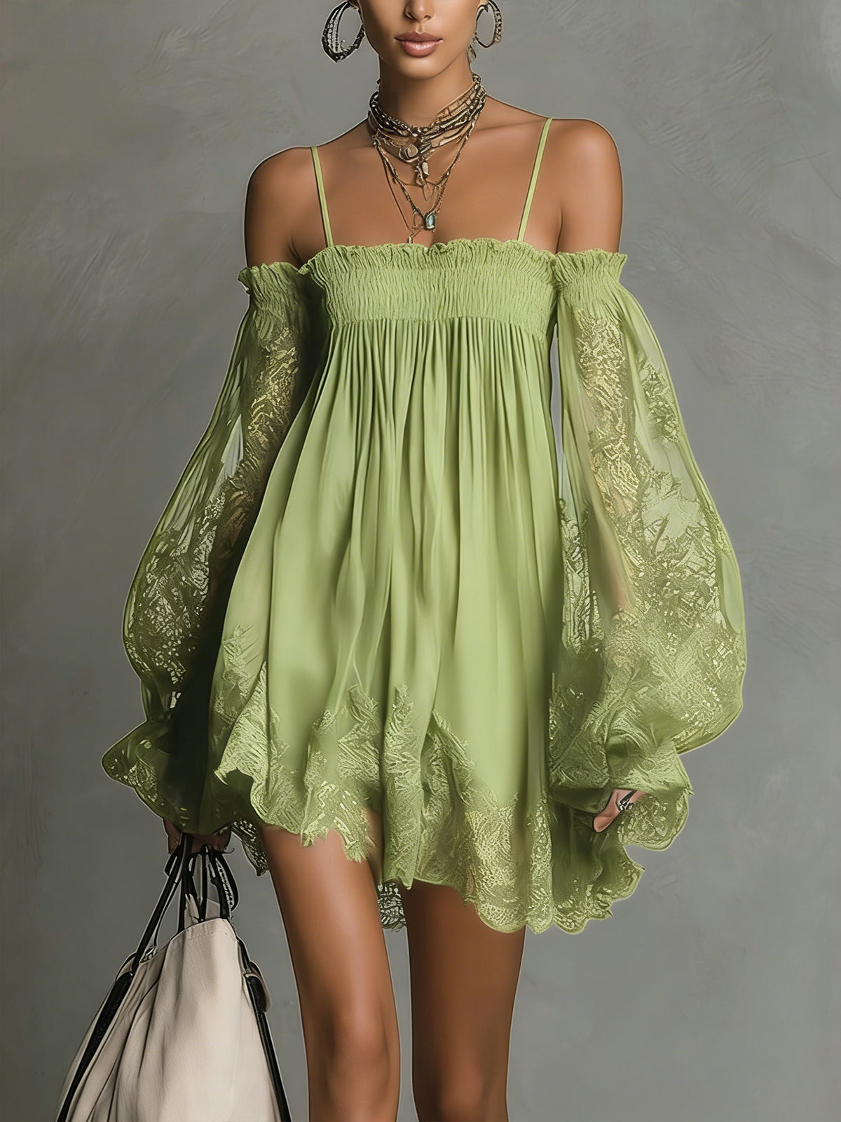 Louisa | Off-Shoulder Chiffon Dress with Lace Sleeves