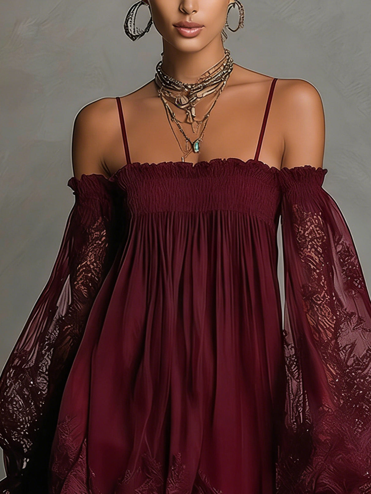 Louisa | Off-Shoulder Chiffon Dress with Lace Sleeves