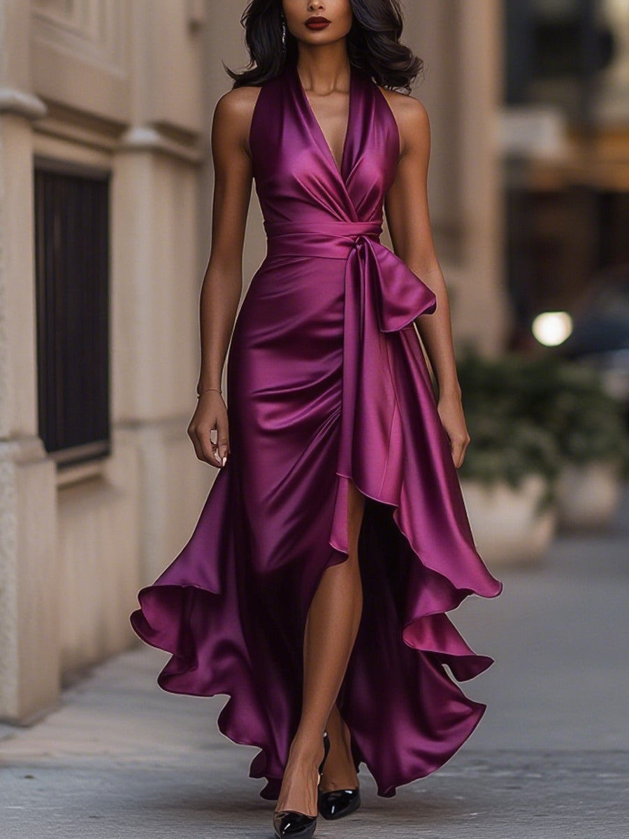 Belvara™ | Halter Neck Ruffle Evening Dress