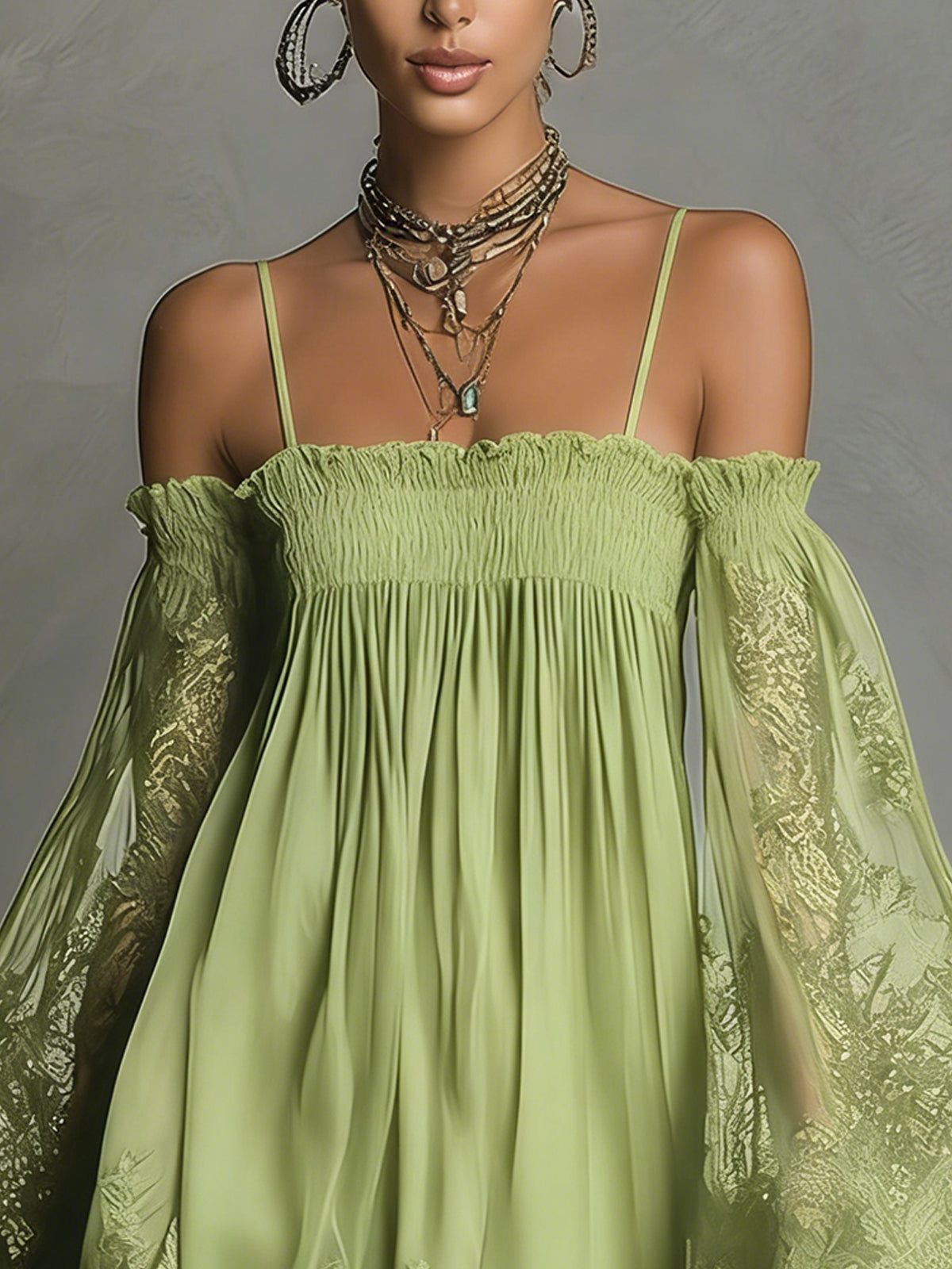 Louisa | Off-Shoulder Chiffon Dress with Lace Sleeves