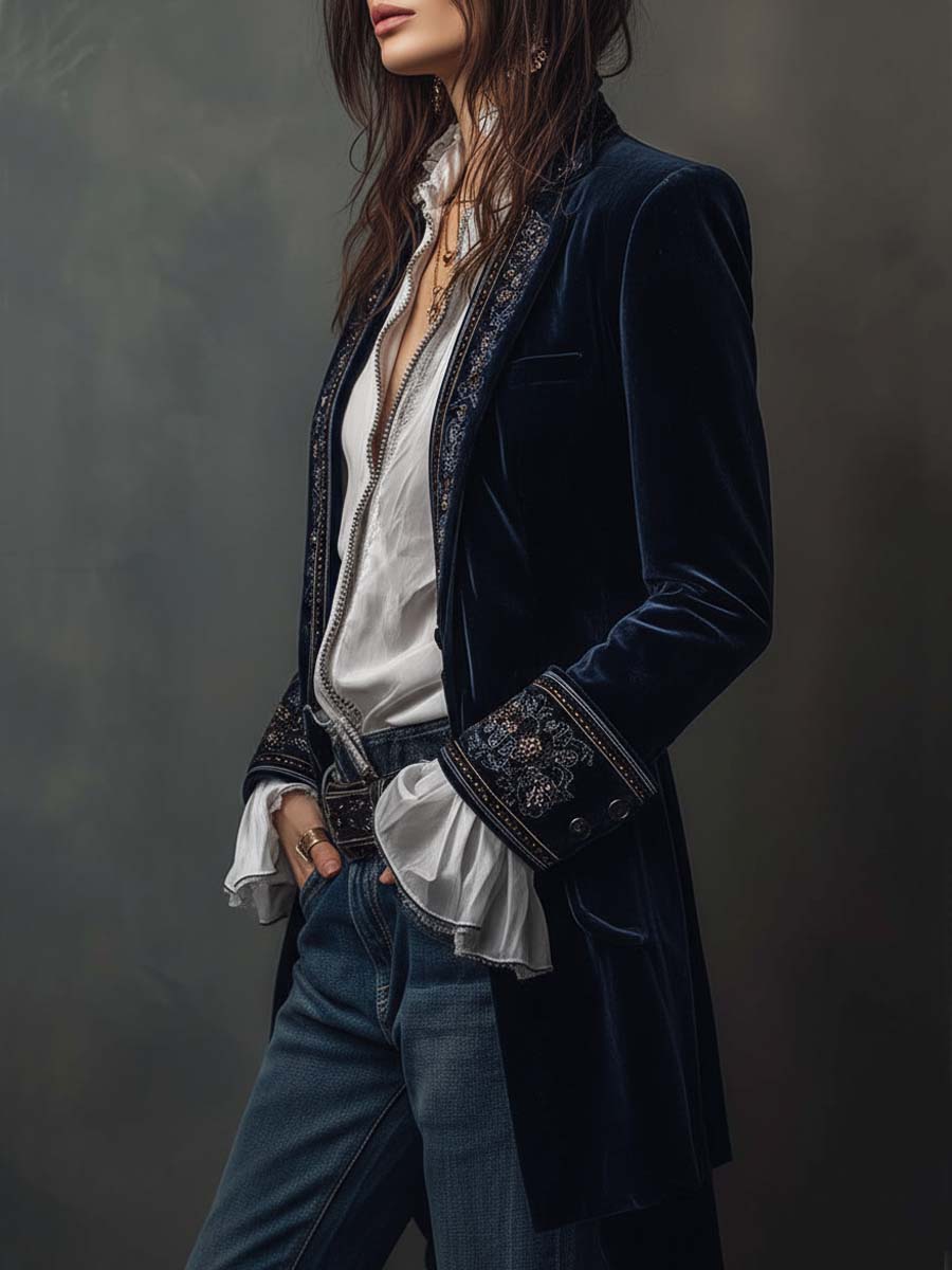 Vadrienne™ | Vintage Navy Embroidered Longline Jacket