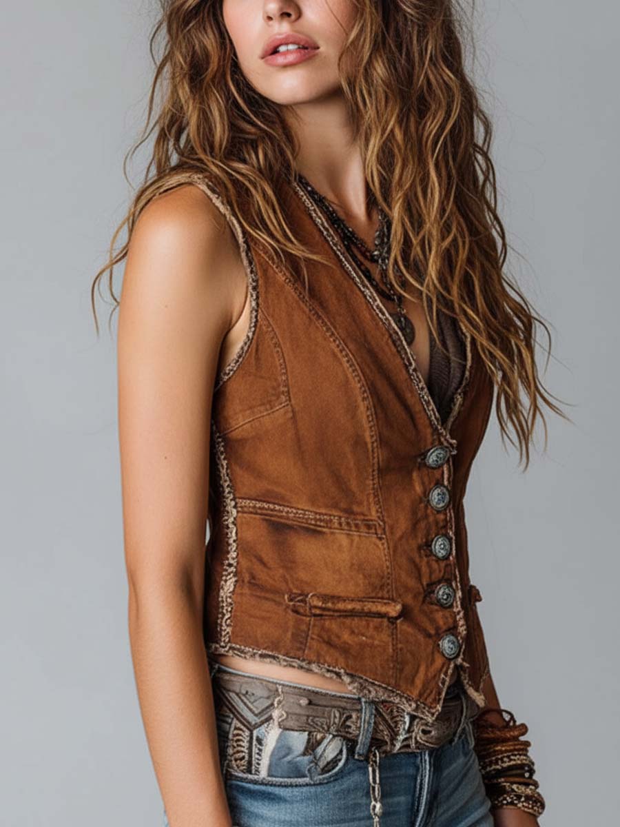 Prentelle™ | Washed Caramel Button-Front Vest