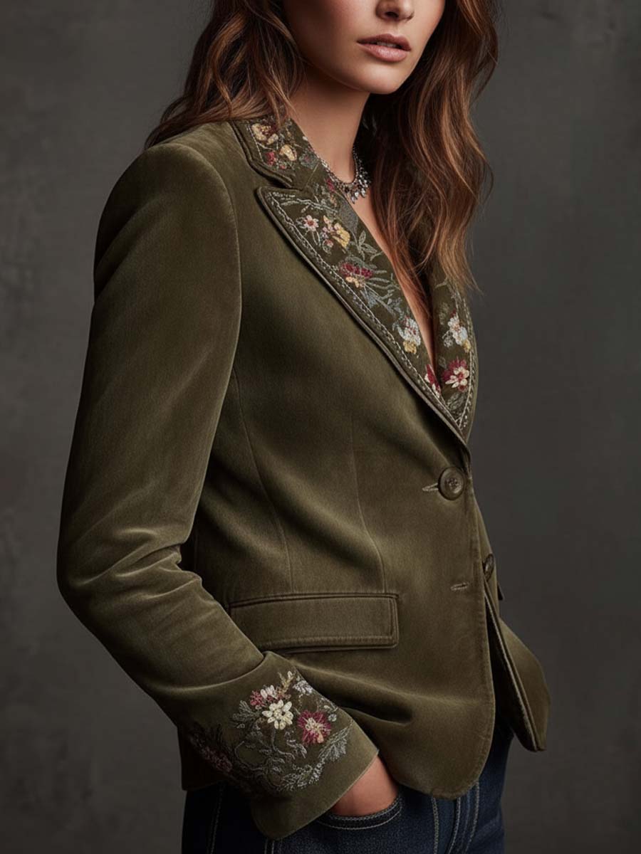 Edalvine™ | Olive Green Floral Embroidered Blazer