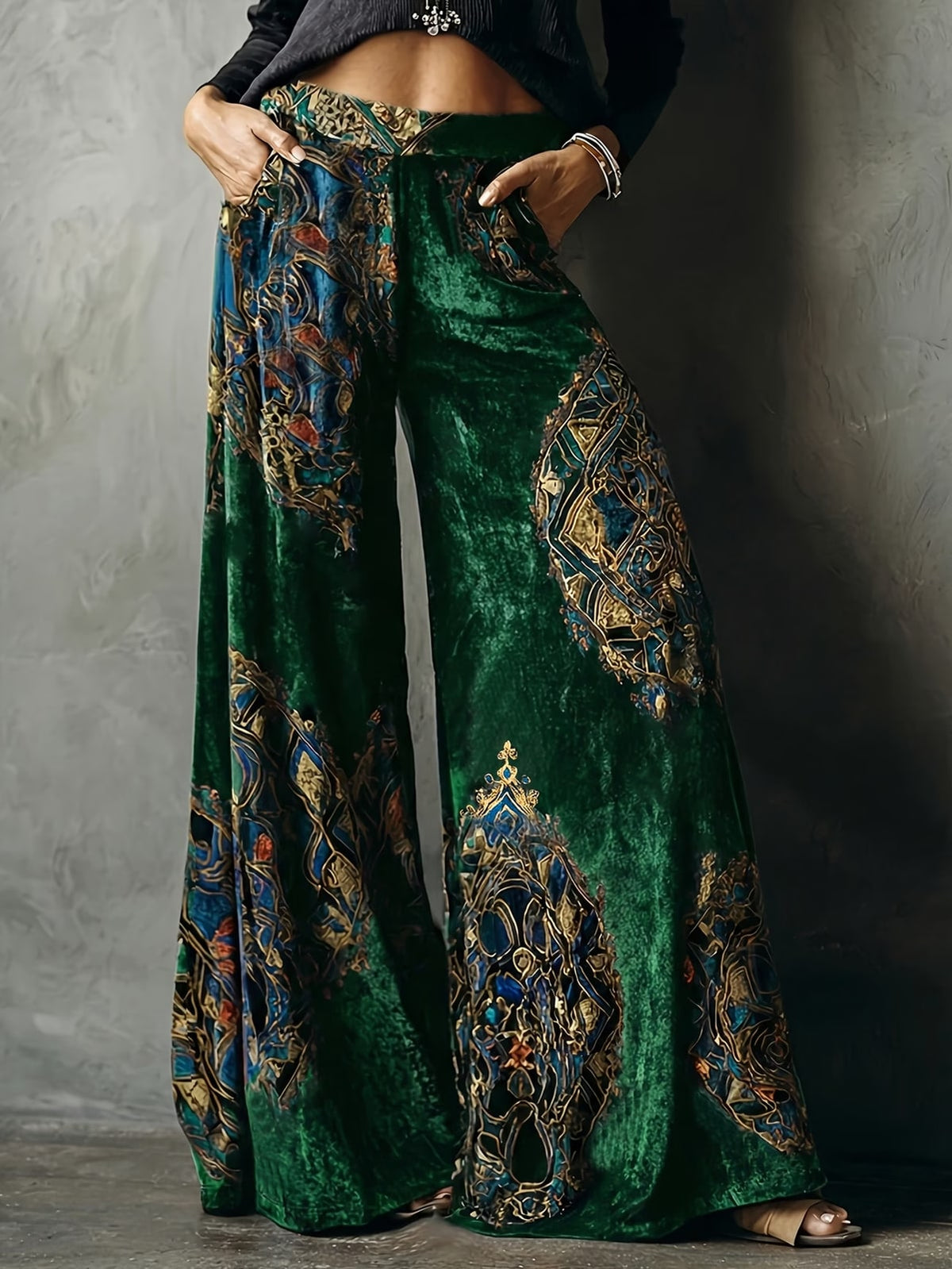 Halcyone | Emerald Paisley Velvet Palazzo Trousers