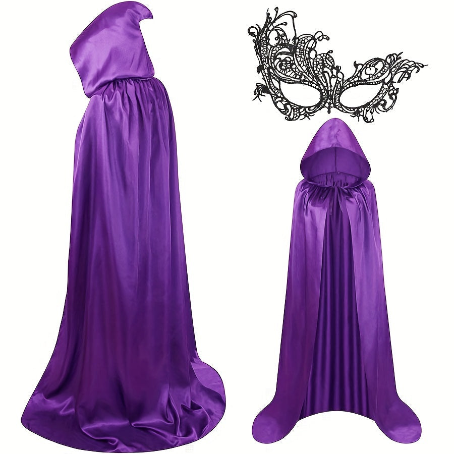 Women's Halloween Dark Purple Hooded Cape & Mask Set