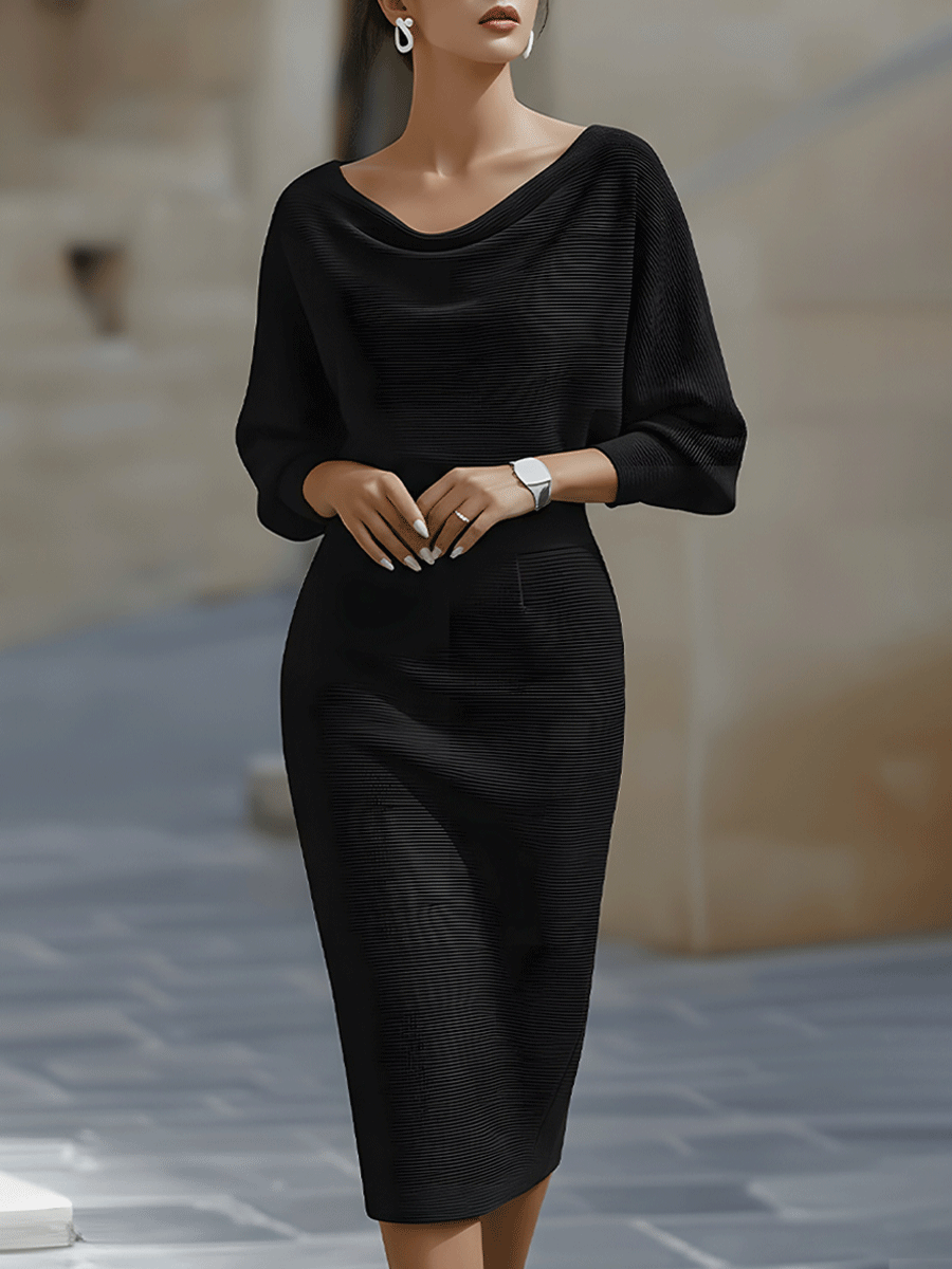 Belvaine™ | Draped Midi Dress with Batwing Sleeves