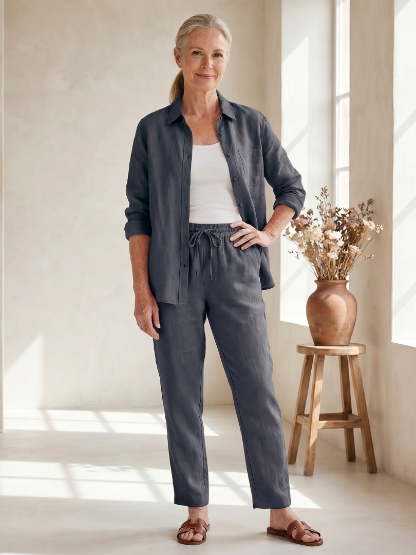 Katarina™ | Long Sleeve Button-Front Shirt & Tapered Pants Set