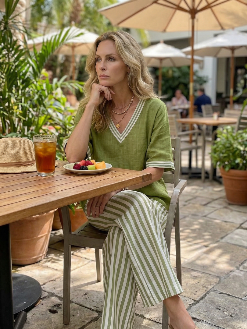 Marisette™ | Contrast V-Neck Tunic & Stripe Trouser Set