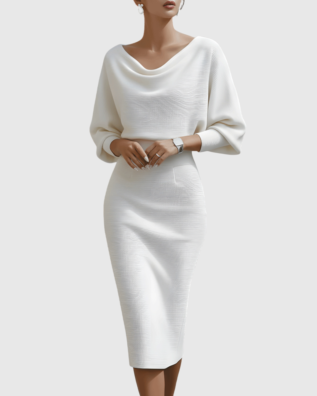 White Draped Batwing Midi Dress