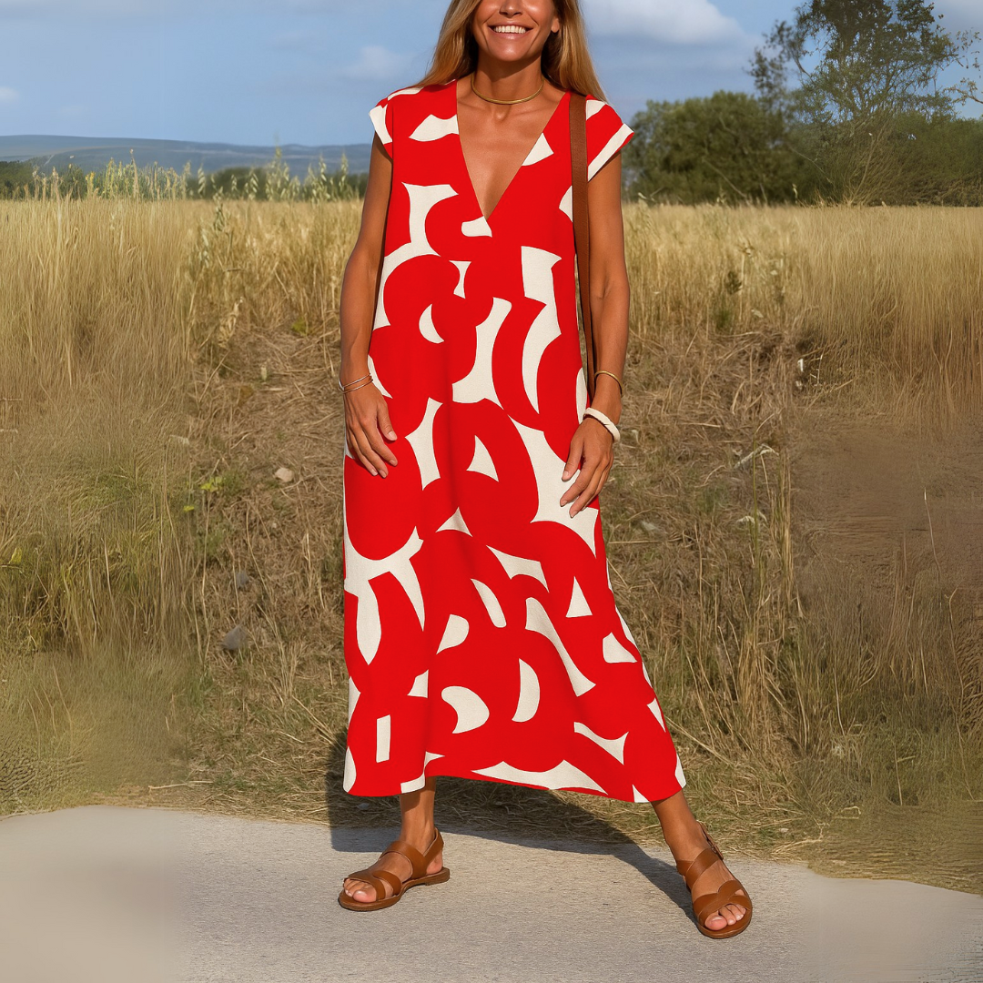 Marceline™ | Abstract Print V-Neck Maxi Dress