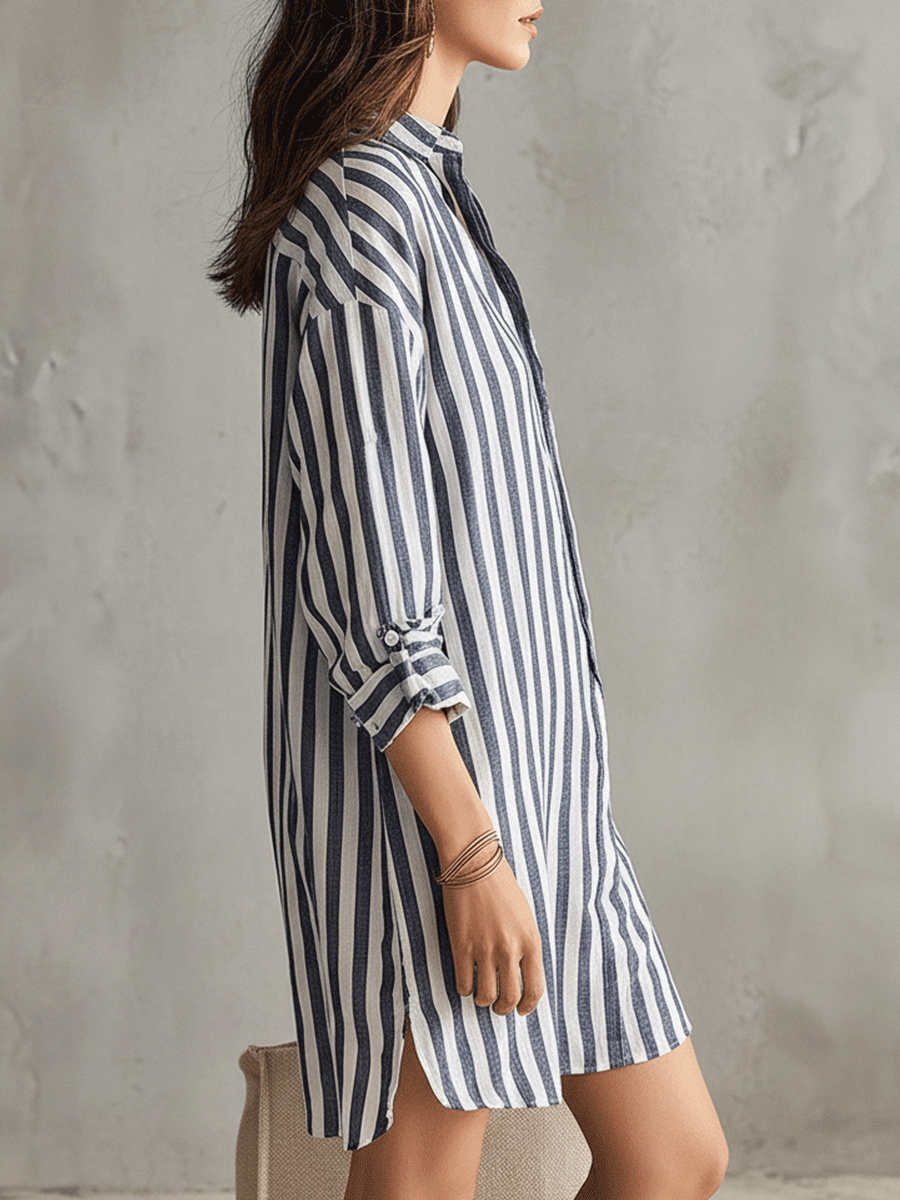 Clivaine™ | Relaxed Striped Oversized Blue & White Shirt Mini Dress