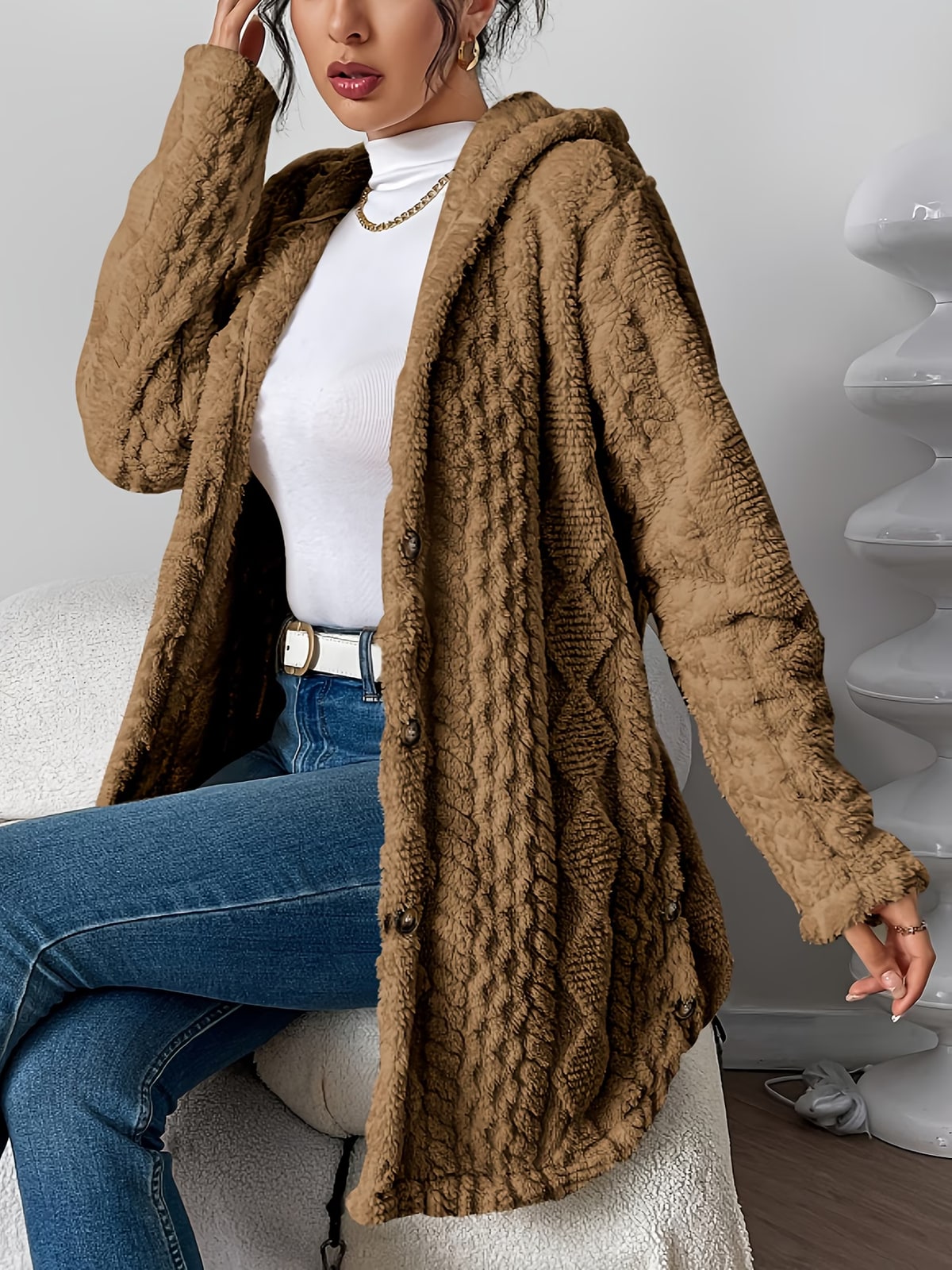 Indie | Camel Hooded Cable Cardigan