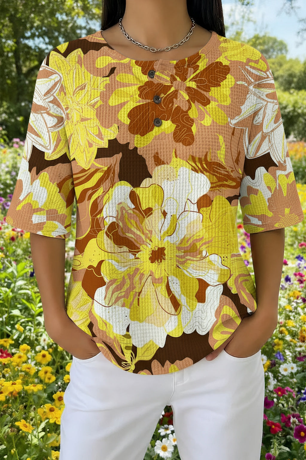 Daylena™ | Golden Sunflower Print Casual Shirt
