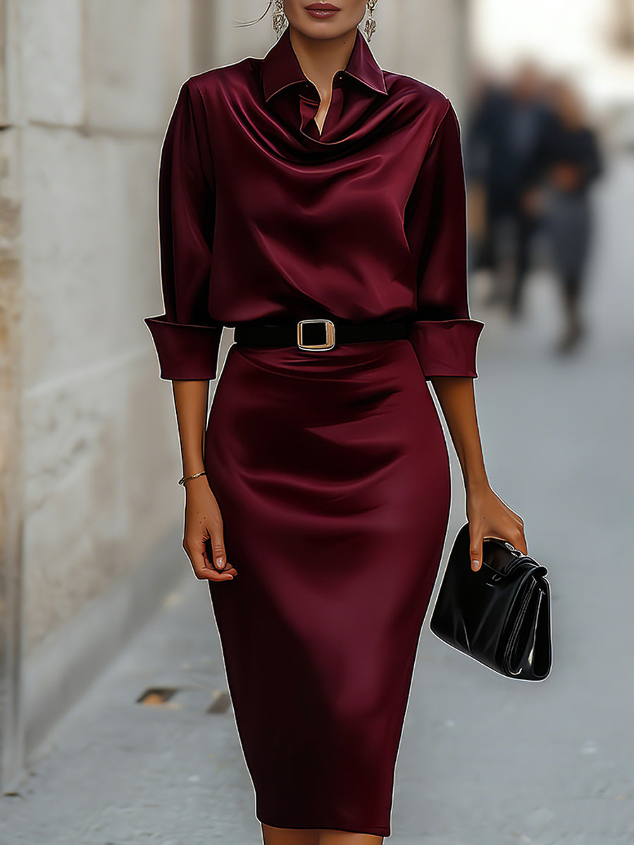 Ivelle™ | Draped Collar Belted Midi Dress