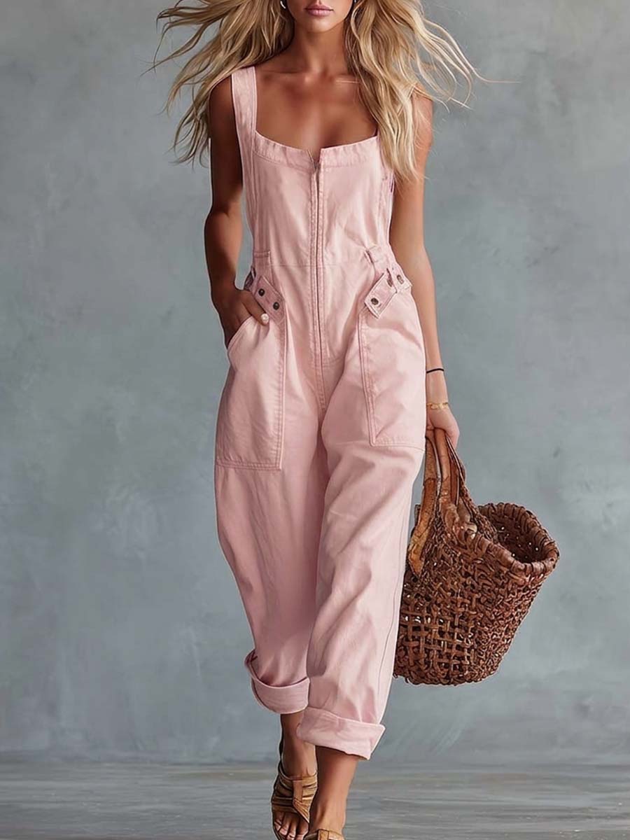 Corinne™ | Casual Retro Square Neck Front Zipper Jumpsuit