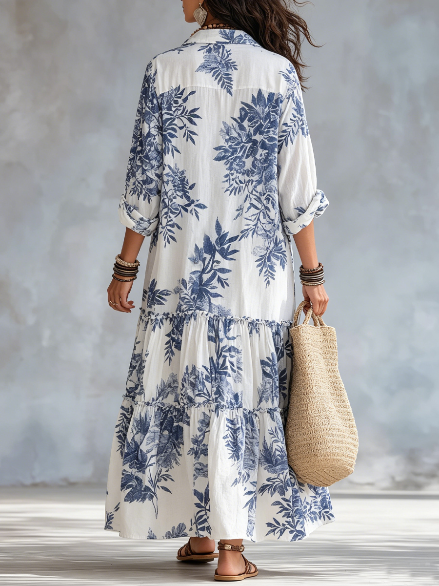Tuscany™ | Bohemian Blue Floral Button-Down Tiered Maxi Dress