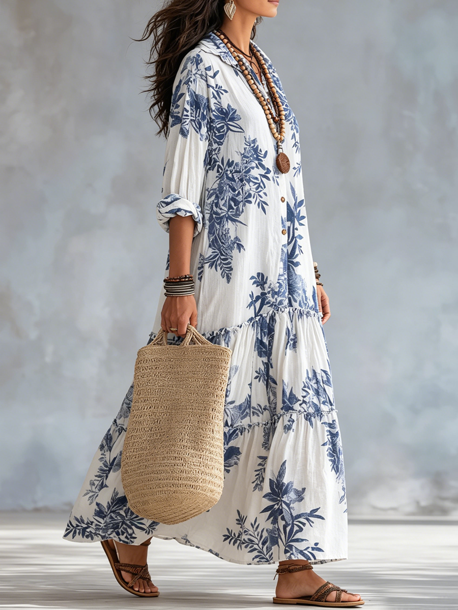 Tuscany™ | Bohemian Blue Floral Button-Down Tiered Maxi Dress