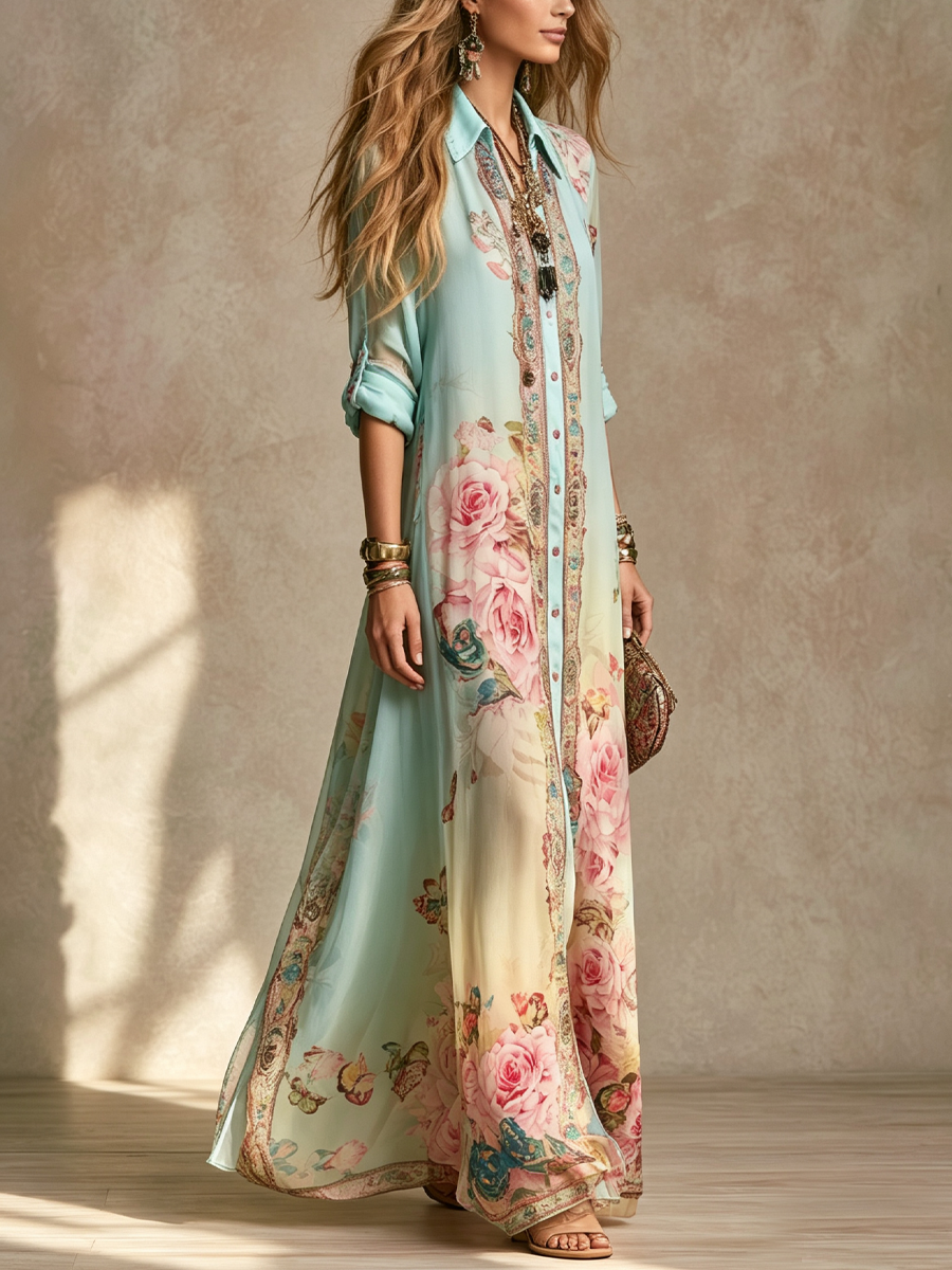 Ottilie™ | Baroque Style Mint Green Floral Maxi Dress