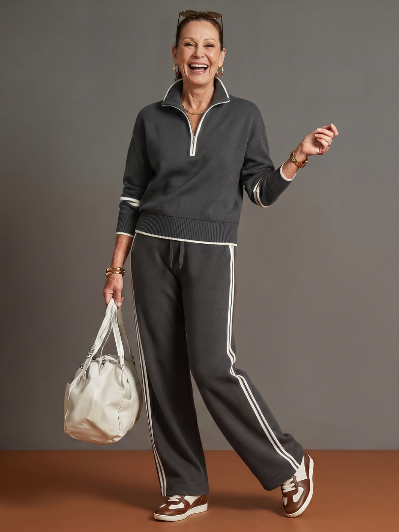 Everly™ | Zip Neck Long Sleeve Side Stripe Pants Set