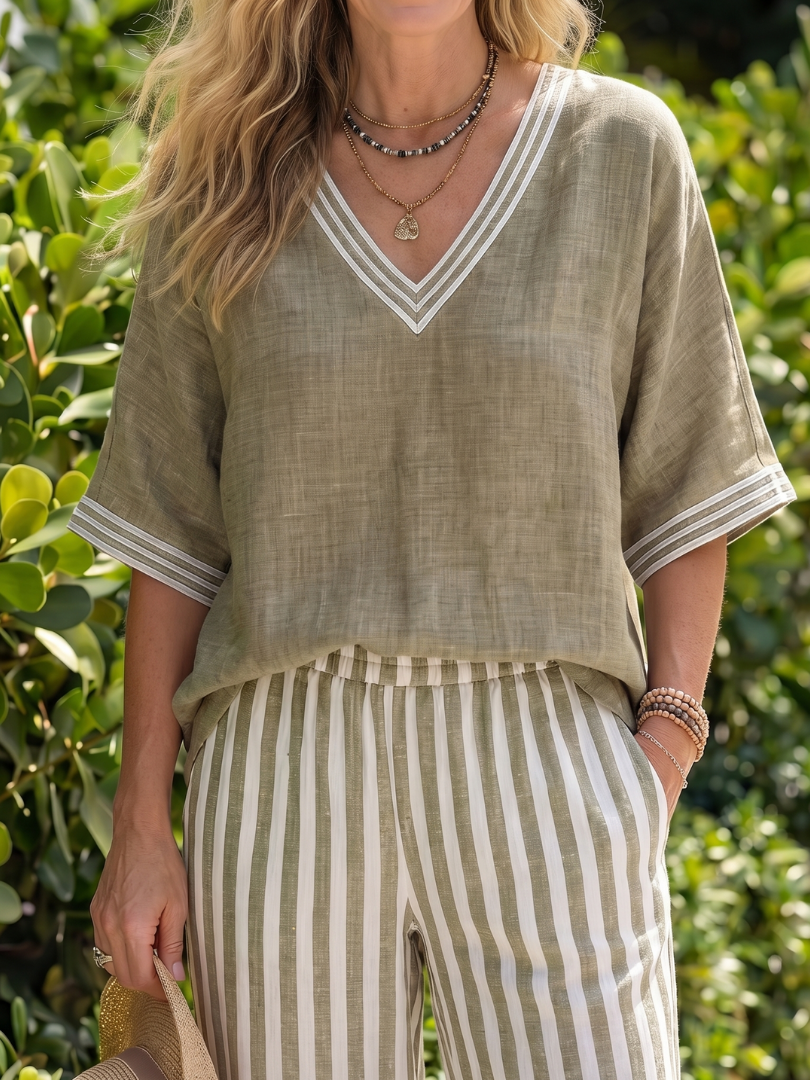 Marisette™ | Contrast V-Neck Tunic & Stripe Trouser Set